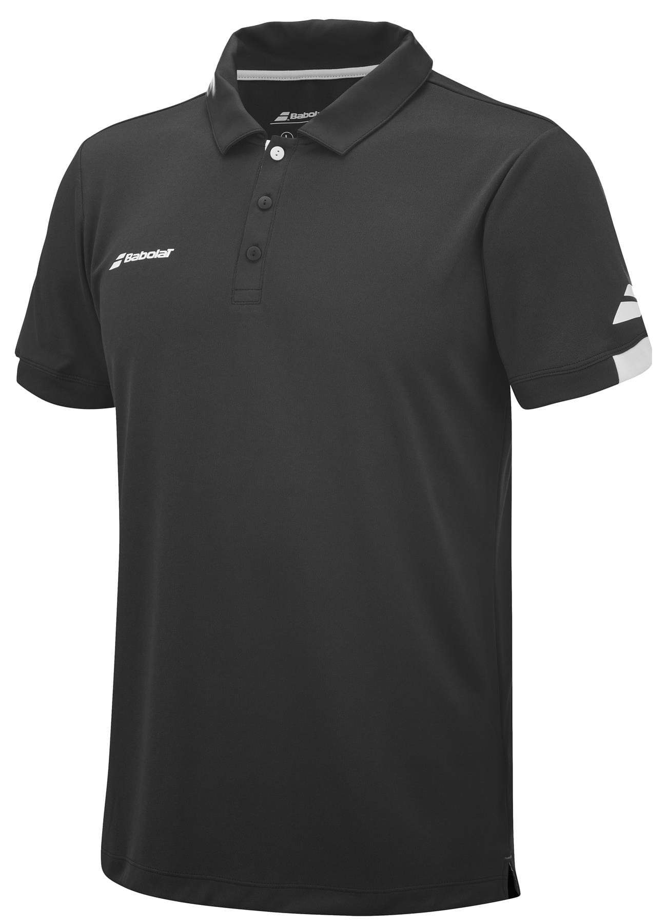 The Babolat Play Men's Padel Polo Shirt in black is made from recycled polyester and features a classic collar and button placket. Its minimalist yet athletic design, highlighted by white logo and stripe accents on the chest and sleeves, makes it ideal for both casual outings and high-energy matches.