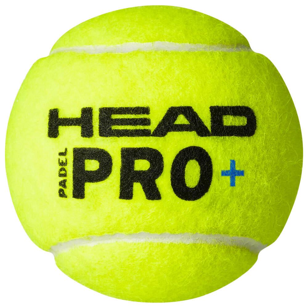 Featuring "HEAD Padel Pro+" in black and blue, a neon yellow padel ball from HEAD showcases fuzzy texture and defined seams. Endorsed by the Spanish Padel Federation, it stands out vibrantly against a white background.