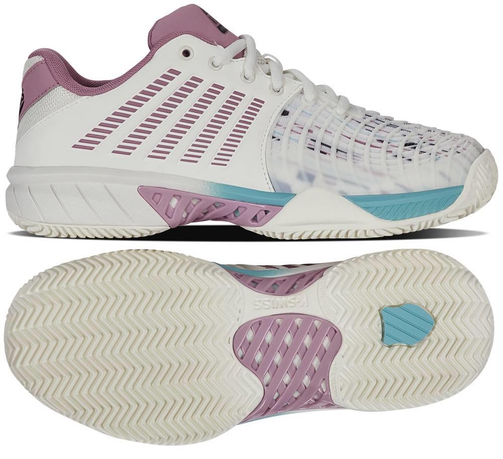The K-Swiss Express Light 3 Women's Padel Shoes feature a white base with grey and pink details, plus turquoise accents on the sole. They have a lightweight mesh upper with geometric patterns and a herringbone tread pattern for excellent traction on tennis and padel courts.