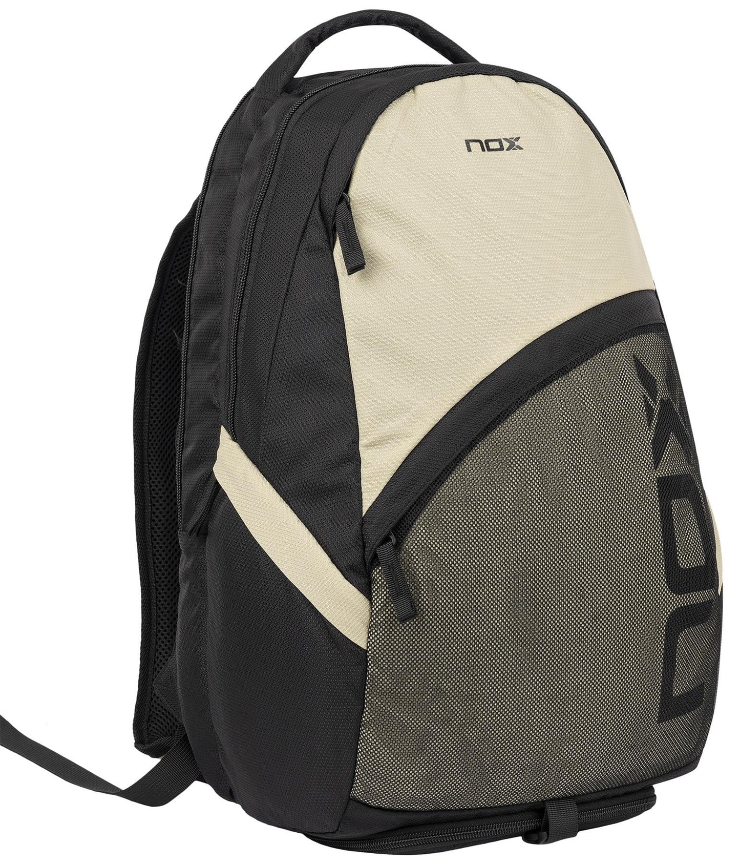 The NOX Street Series Padel Racket Bag in black and grey features a top handle, zippered front pocket, padded shoulder straps, and urban style. The NOX logo appears on the front pocket in black letters.