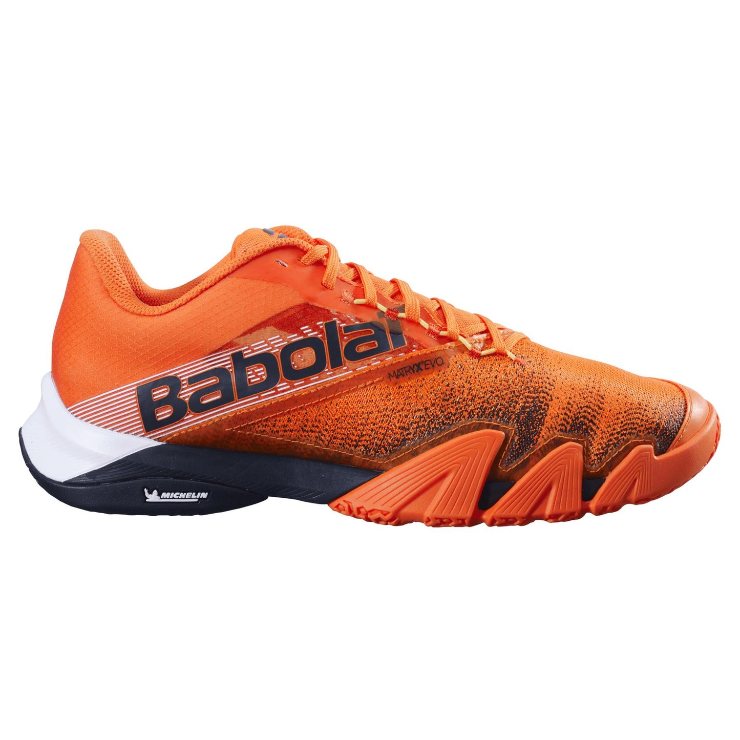 The Babolat Jet Premura 2 Mens Padel Shoes in Vibrant Orange display an orange and black design with the Babolat logo. They feature Matryx technology on the upper and a Michelin-branded textured sole, seamlessly blending style and performance.