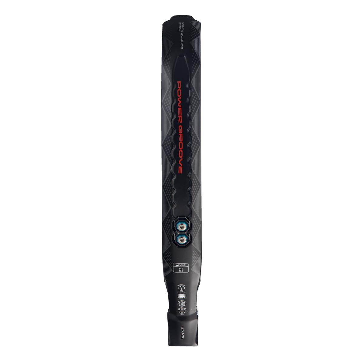 The adidas Metalbone 3.4 Padel Racket in black and white features the "POWER GROOVE" in red text. Designed for advanced players, it has a textured grip, geometric patterns, and two circular center elements for optimum court performance.