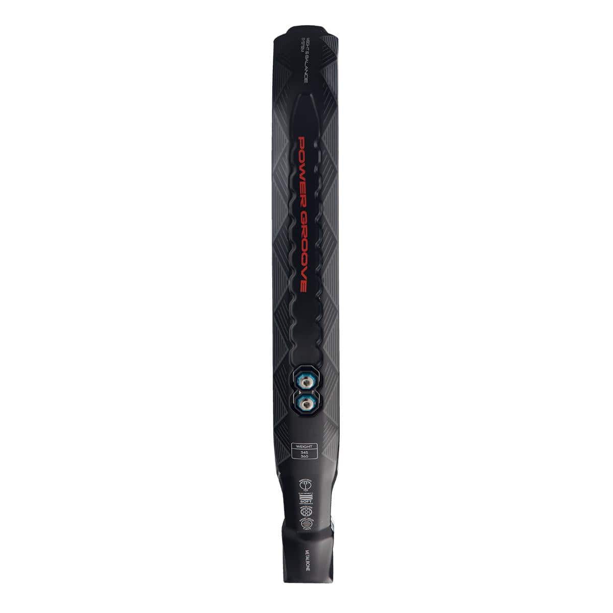 The adidas Metalbone 3.4 Padel Racket in black and white features the "POWER GROOVE" in red text. Designed for advanced players, it has a textured grip, geometric patterns, and two circular center elements for optimum court performance.