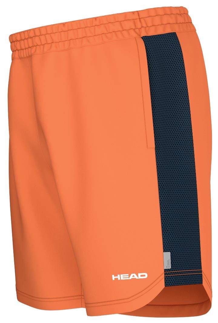 The HEAD Power Men's Padel Shorts in orange feature a 4-way stretch, an elastic waistband, and dark blue mesh side panels. The "HEAD" logo is printed in white near the bottom, showcasing its Moisture Transfer Microfiber technology for optimal coolness and comfort on the court.