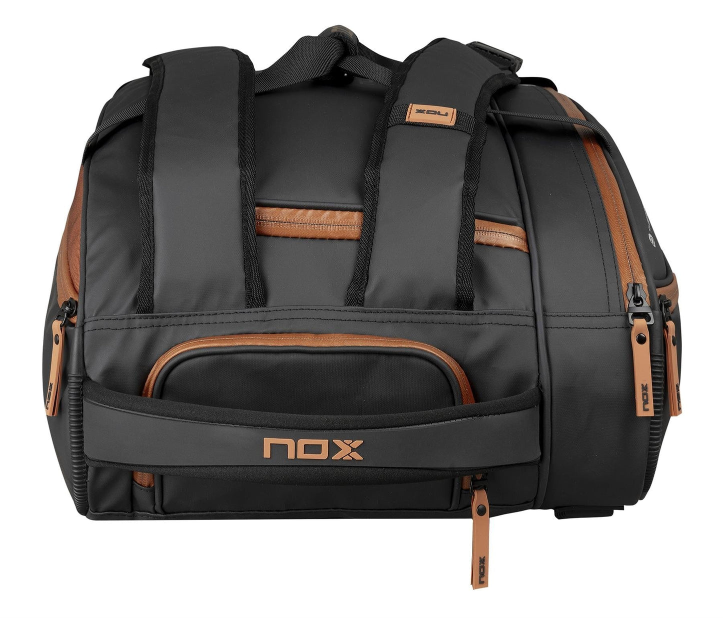 The NOX Luxury Open Series Padel Racket Bag in black and brown features multiple zippers, padded shoulder straps, several compartments, and NOX ThermoTech technology, shown from the front.