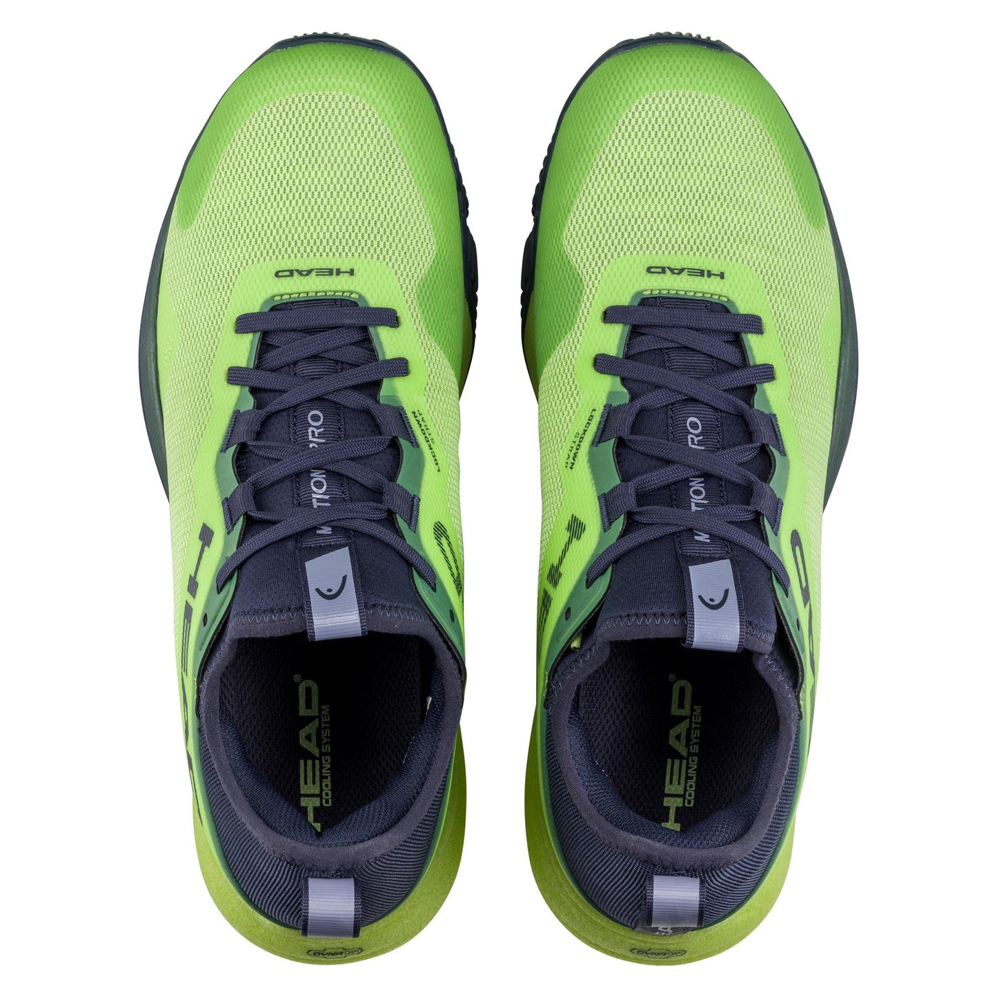 Top view of HEAD Motion Pro Mens Padel Shoes in lime and navy. These high-performance lace-up shoes showcase the brand near the toes and on the tongue, boast breathable design, and feature textured soles for grip.