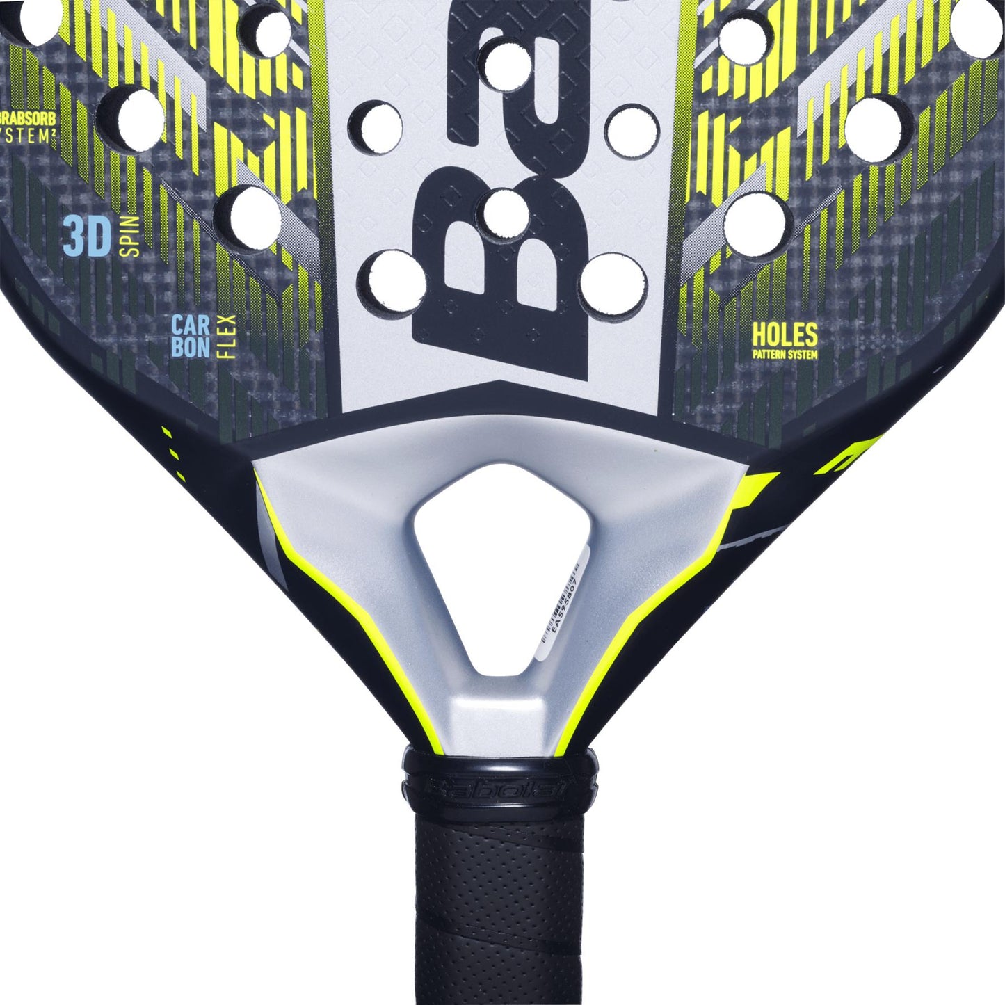 Close-up of the Babolat Counter Veron 2.5 Padel Racket head, revealing a pattern of circular holes on its textured surface. The design, perfect for counter strikers, showcases black, grey, and neon yellow accents with Carbon Flex technology and hole pattern system branding.