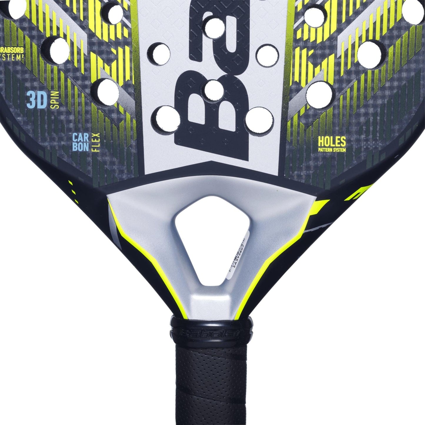 Close-up of the Babolat Counter Veron 2.5 Padel Racket head, revealing a pattern of circular holes on its textured surface. The design, perfect for counter strikers, showcases black, grey, and neon yellow accents with Carbon Flex technology and hole pattern system branding.