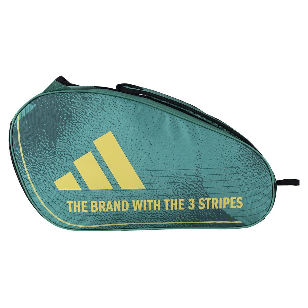 The ADIDAS Control 3.4 Padel Racket Bag in green features a striking yellow adidas logo and the "THE BRAND WITH THE 3 STRIPES" text, making it ideal for carrying court accessories and efficiently holding all your sports gear.