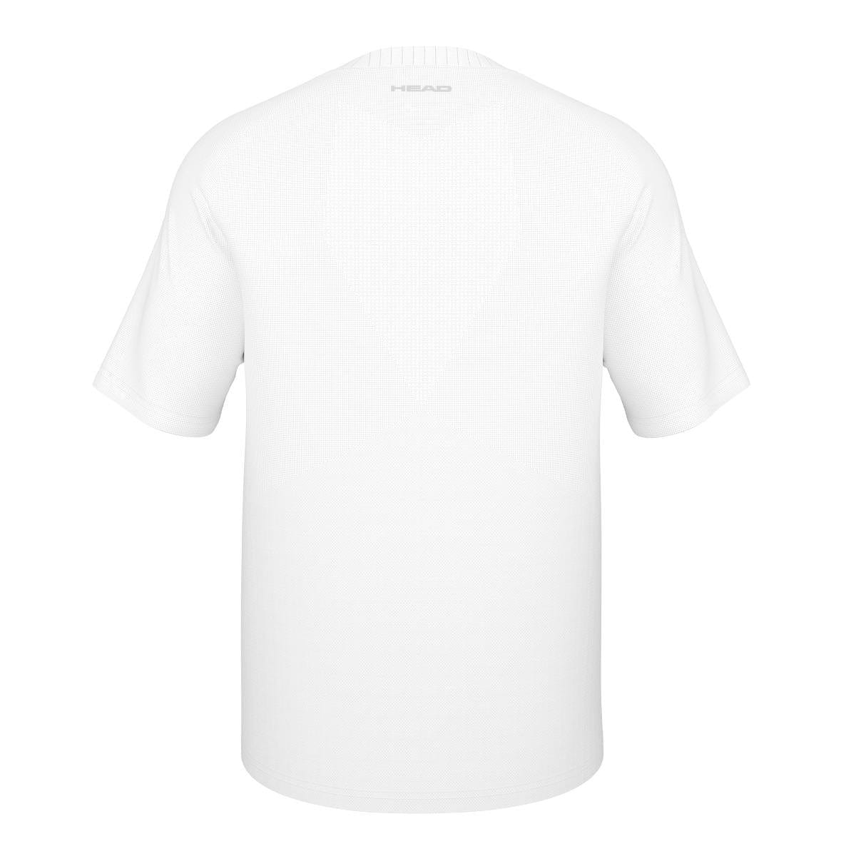 The HEAD Performance Men's Padel T-Shirt - XPHB is a plain white T-shirt viewed from the back, featuring short sleeves and a simple, clean design. Crafted with Moisture Transfer Microfibre by HEAD, it ensures all-day comfort and includes a subtle brand logo beneath the neckline.
