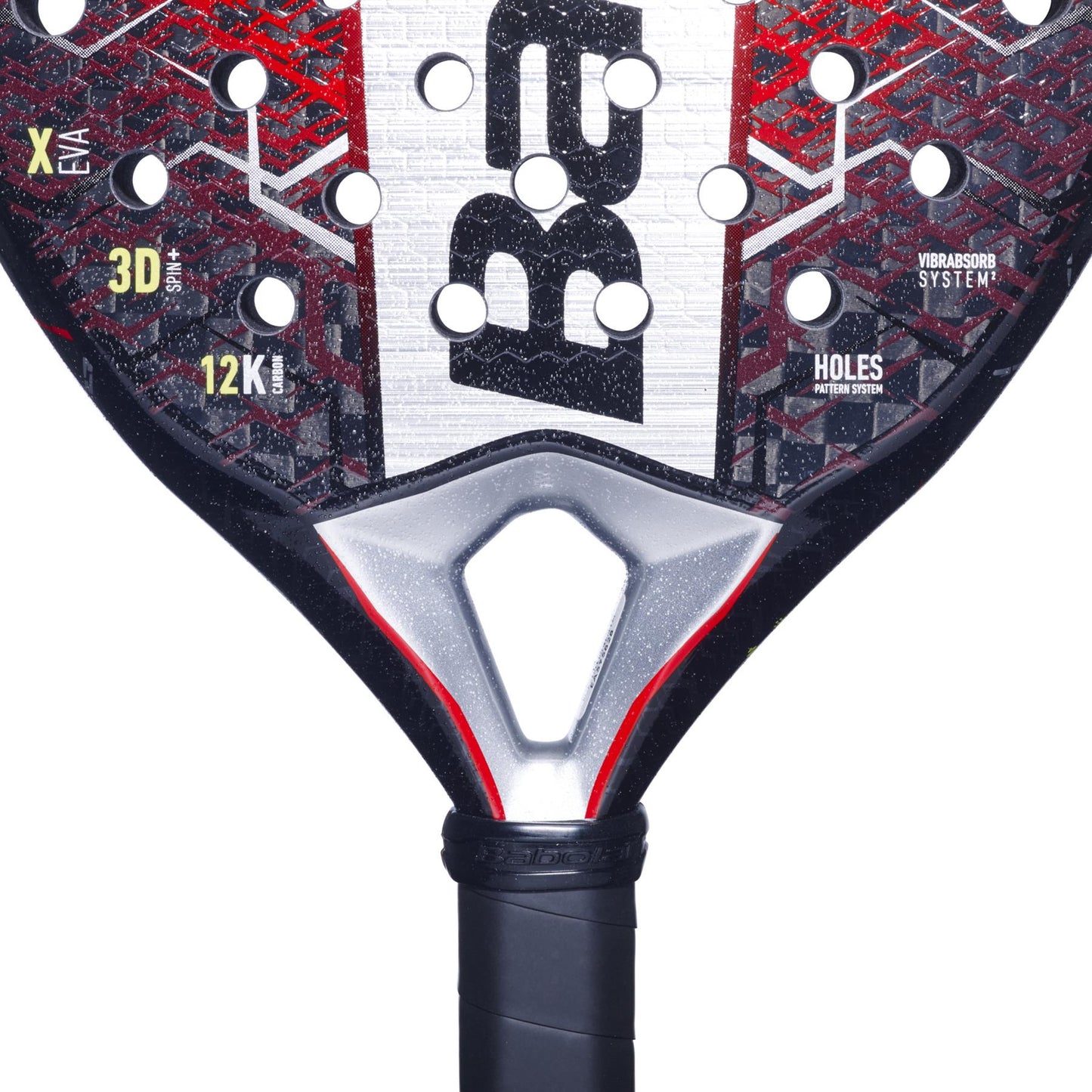 A close-up of the Babolat Technical Viper 2.5 Padel Racket showcases its striking black and red design with white accents. Its surface has circular holes for spin and a textured finish. The black handle partially reveals the Babolat brand name, embodying power and precision.