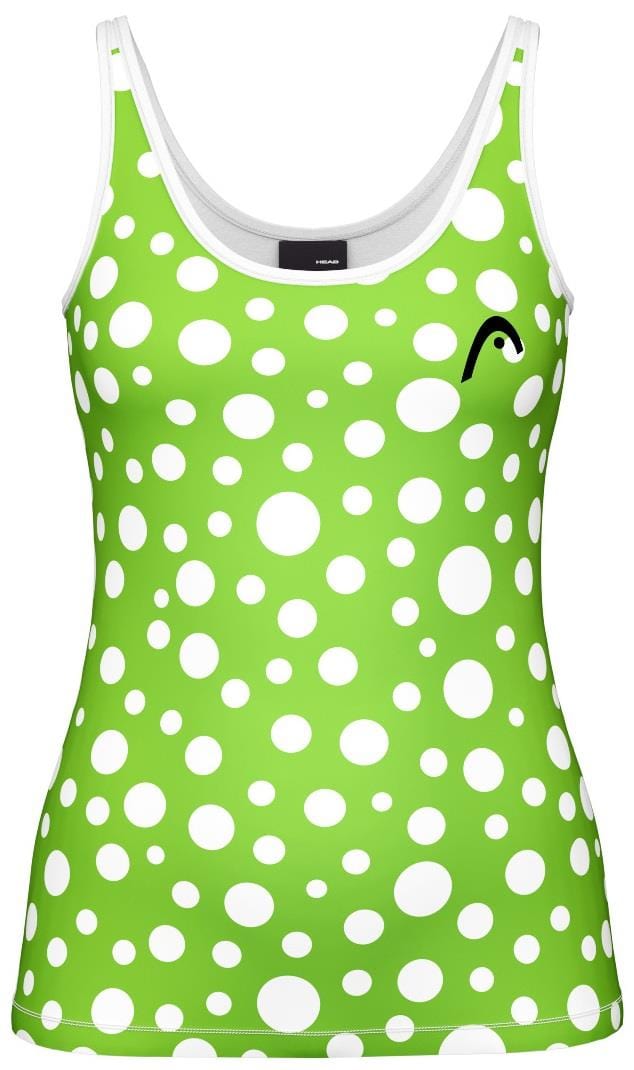 The HEAD Spirit II Women's Padel Tank Top - IGXR features a green design with varying-sized white polka dots, a small black logo on the left chest, and white trim. Its advanced cooling technology ensures comfort and style, making it ideal for active wear enthusiasts.