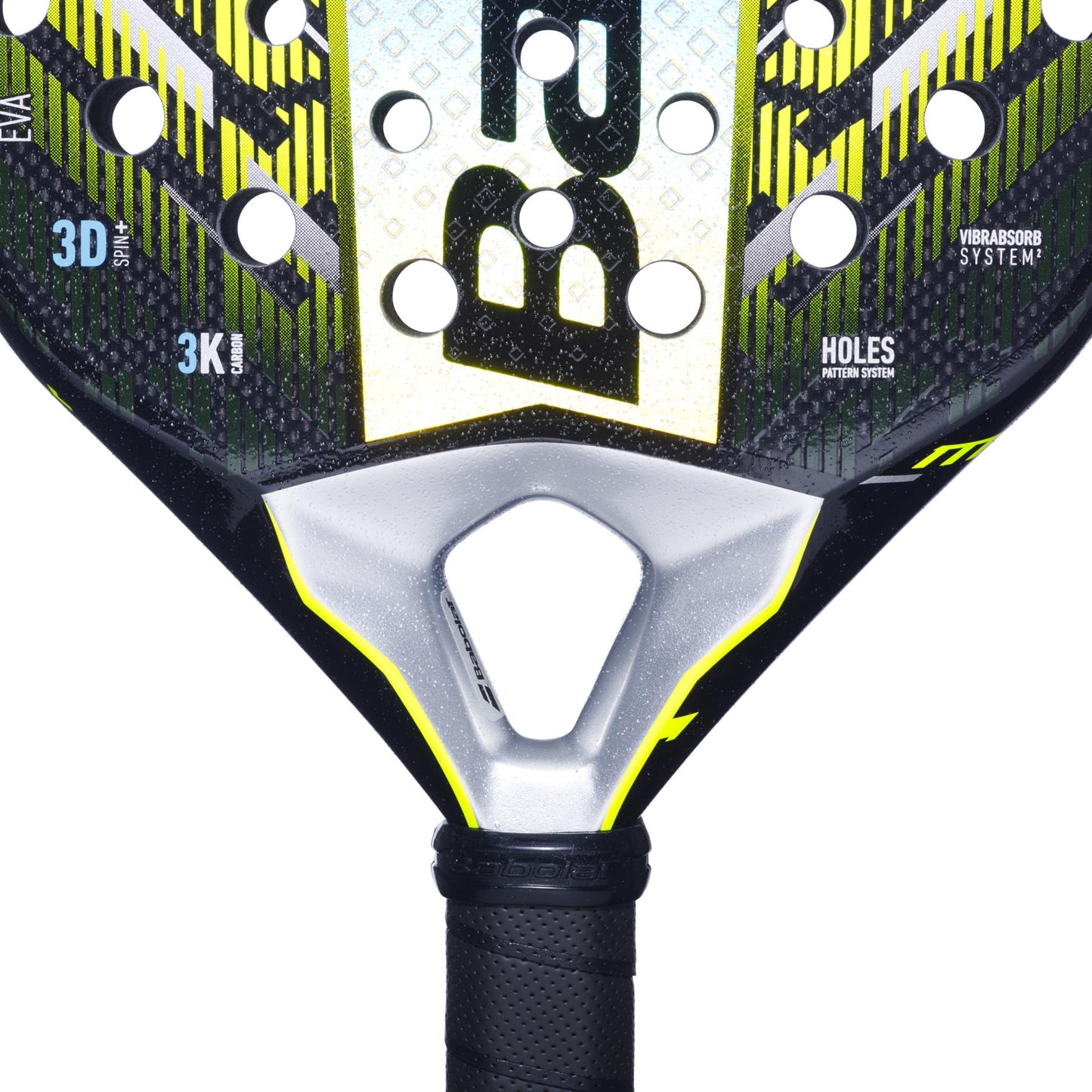 Close-up of the Babolat Counter Viper 2.5 Padel Racket head with X-EVA tech, circular holes, and "3D," "3K," and "Vibrasorb System" text. The black grip tape handle boosts precision and tolerance in each swing.