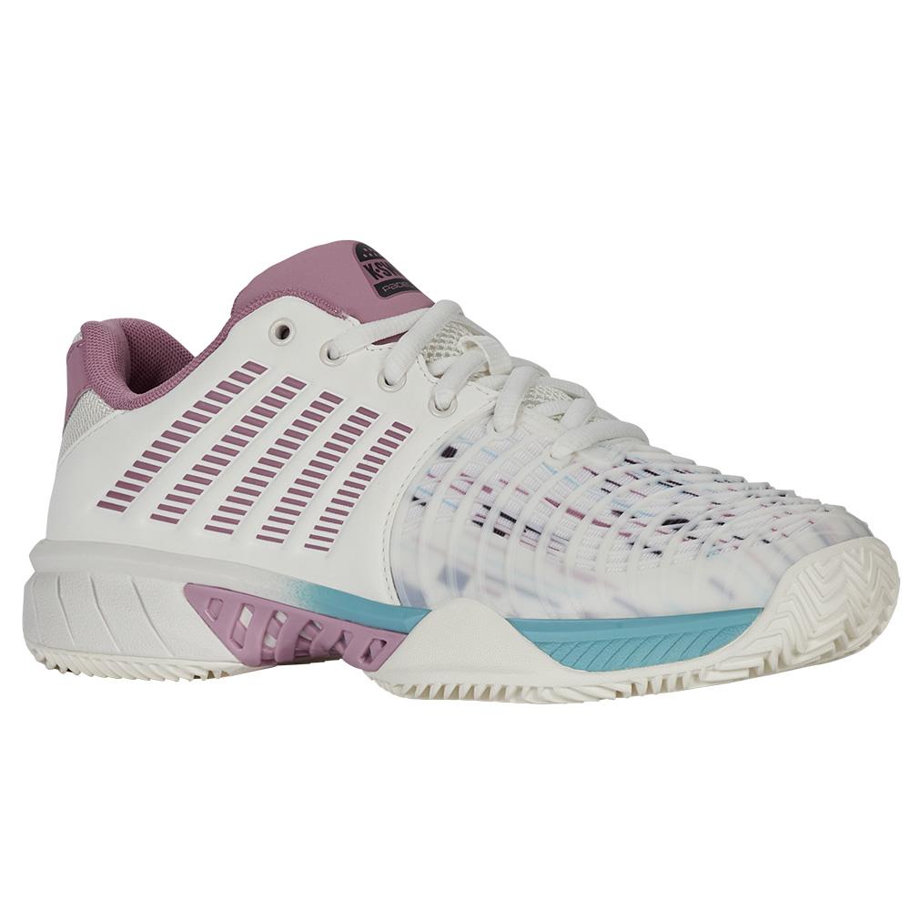 The K-Swiss Express Light 3 Women's Padel Shoes feature a white body with pink and turquoise accents. These lightweight shoes offer a breathable mesh design, distinct grooves for traction, and a sturdy sole perfect for sports activities.