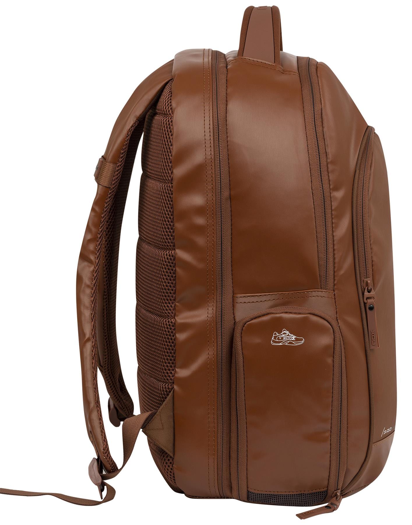 The NOX Pro Series Padel Backpack - Camel by NOX is seen from the side, featuring padded shoulder straps, a zippered front pocket with a sneaker graphic, air ventilation, a main zippered compartment, and a smooth shiny finish.