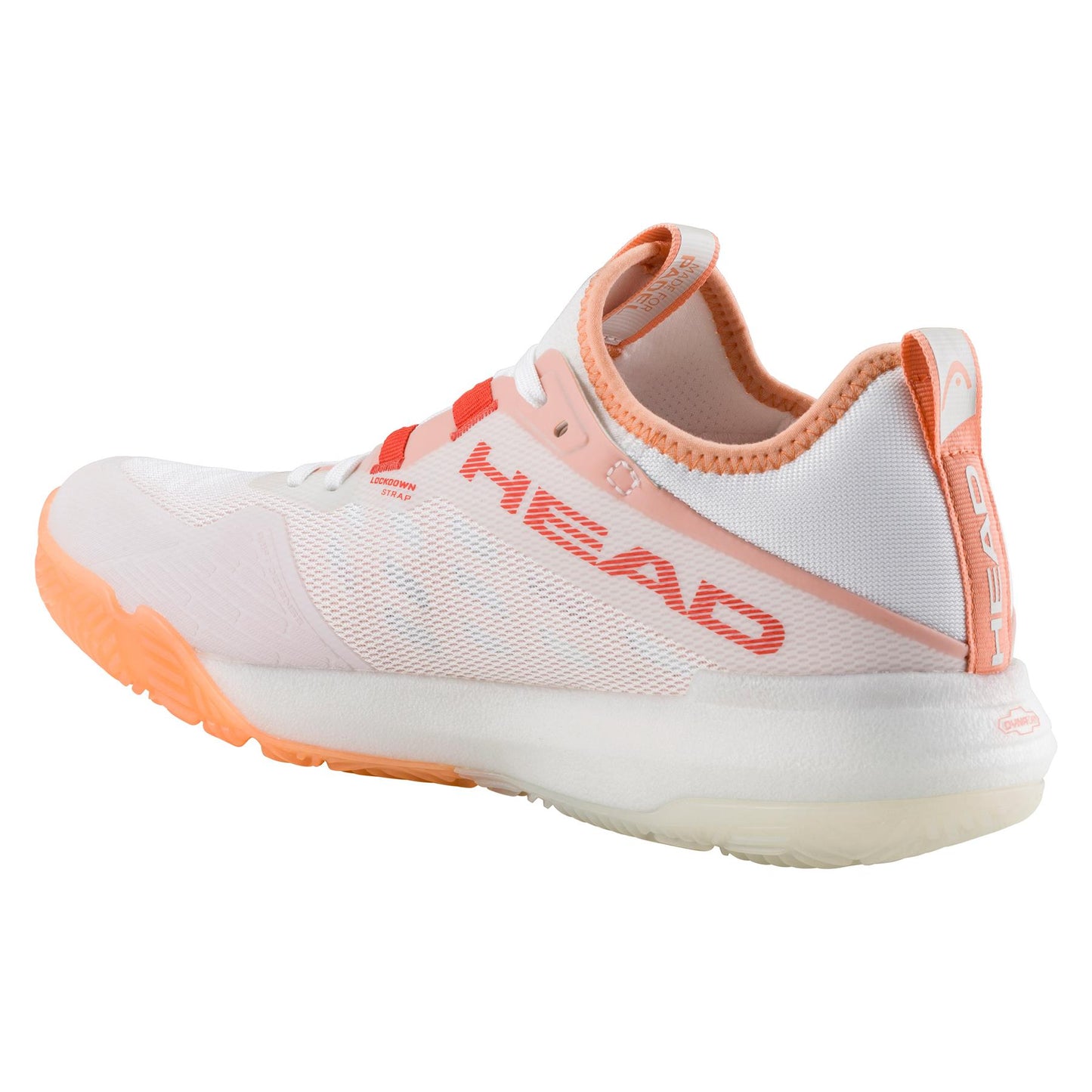The HEAD Motion Pro Women's Padel Shoes in White/Coral feature a DynaFoam textured sole and breathable mesh upper with pink and orange accents, ideal for padel or casual wear, showcasing the brand's signature flair.
