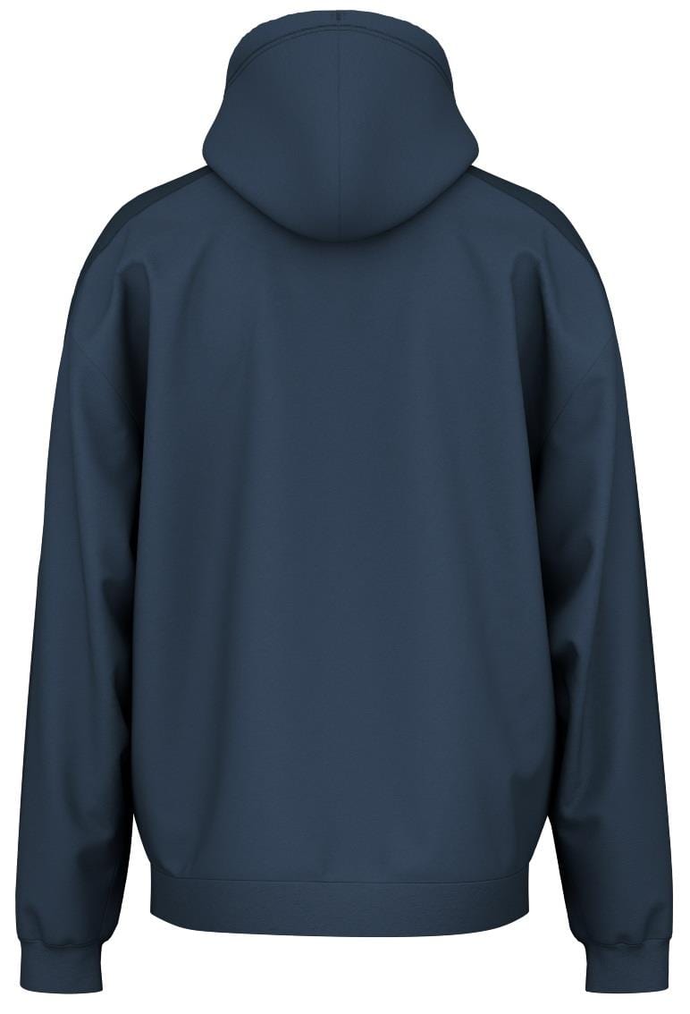 Back view of the HEAD Rally Mens Padel Hoodie in navy, featuring long sleeves, a hood, and crafted from French terry for a premium sporty look. It appears plain with no logos or designs against a white background.