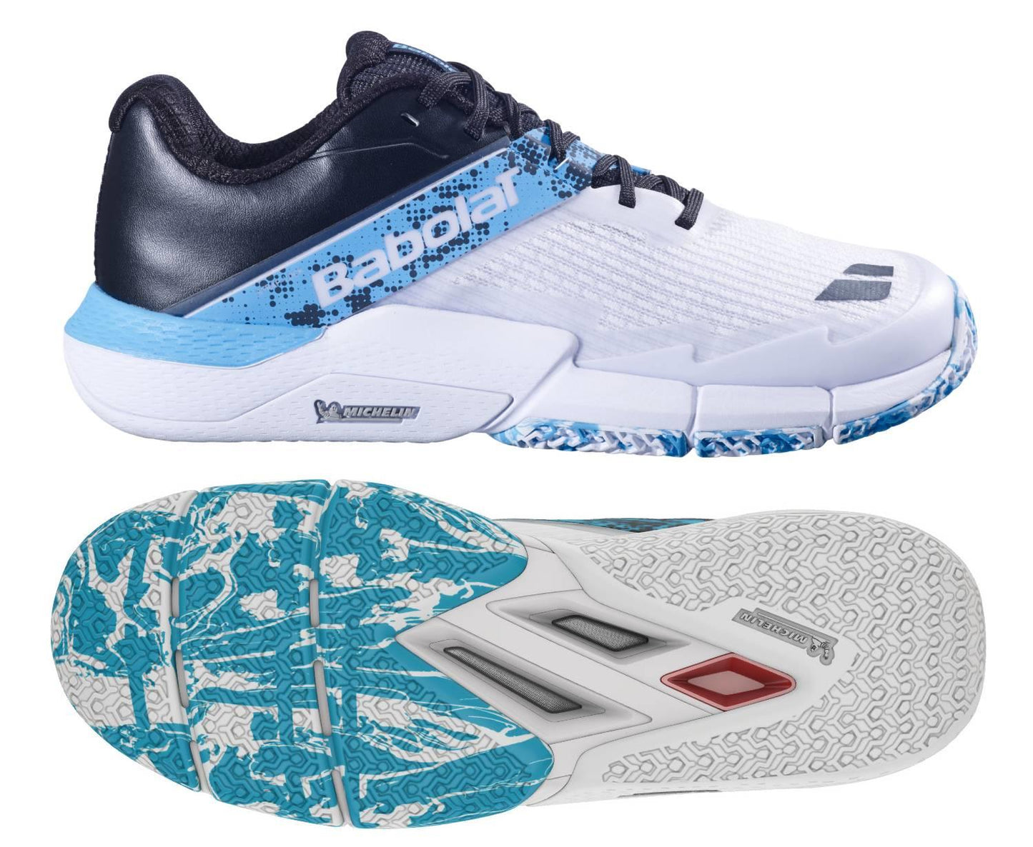 The Babolat Movea 2 Men's Padel Shoes in white and cyan blue prominently display the brand name on the side. They feature a Michelin Padel textured outsole with vibrant blue patterns and black accents, offering side and sole views for enhanced visibility.