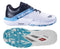 The Babolat Movea 2 Men's Padel Shoes in white and cyan blue prominently display the brand name on the side. They feature a Michelin Padel textured outsole with vibrant blue patterns and black accents, offering side and sole views for enhanced visibility.