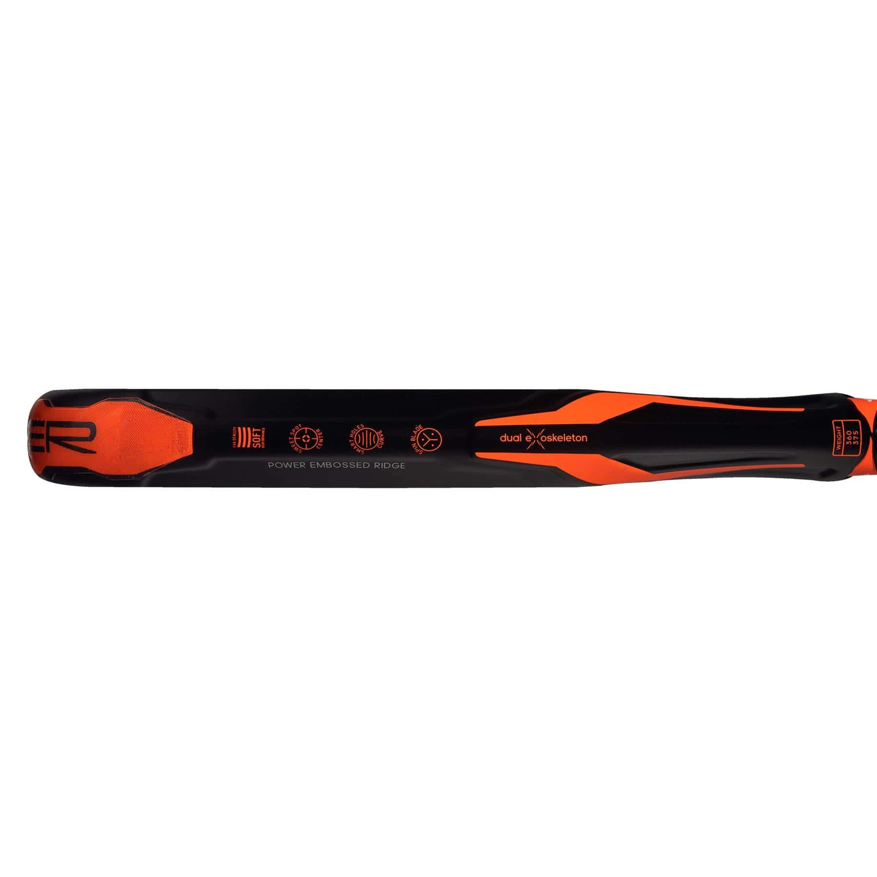 A close-up image of a black and orange ski, reminiscent of the adidas ADIPOWER CTRL TEAM 3.3 padel racket, highlighting design details and symbols along its length. This model offers control for intermediate players with its combination of bold branding and sleek lines.