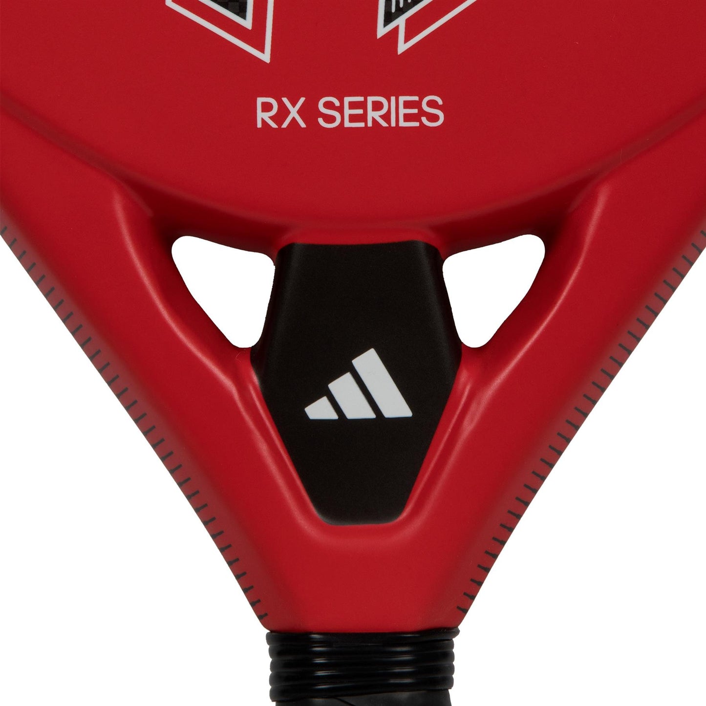 Close-up of the ADIDAS RX Series Padel Racket - Red, designed with a striking red appearance and featuring a black triangular segment adorned with the adidas logo and the text "RX SERIES" in white. Constructed from fiberglass and incorporating soft performance EVA rubber, the grip is clearly visible at its base.