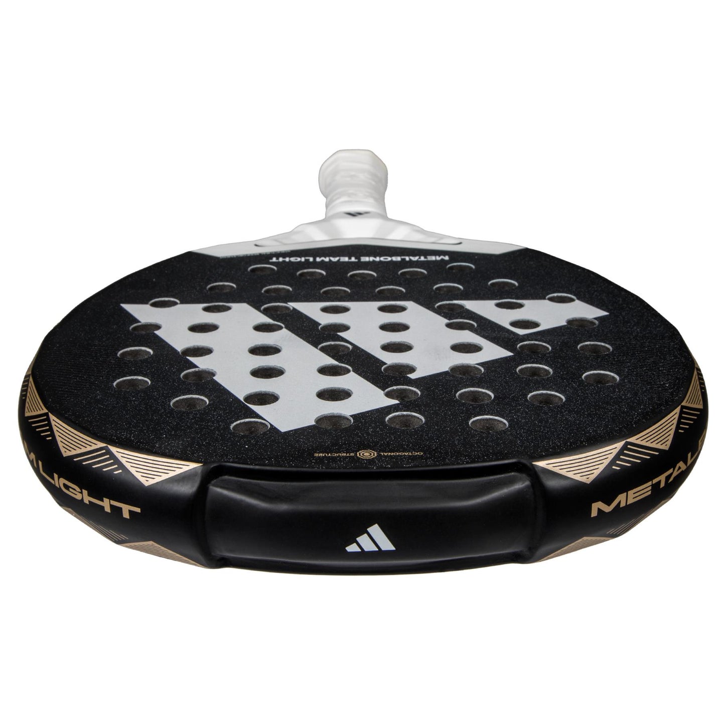 Close-up of a lightweight ADIDAS Metalbone Team Light 3.4 Padel Racket in black and white, featuring a textured surface with circular holes. Designed for advanced players, the handle is white-wrapped, with adidas logos and "Metalbone Team Light" on the edge.