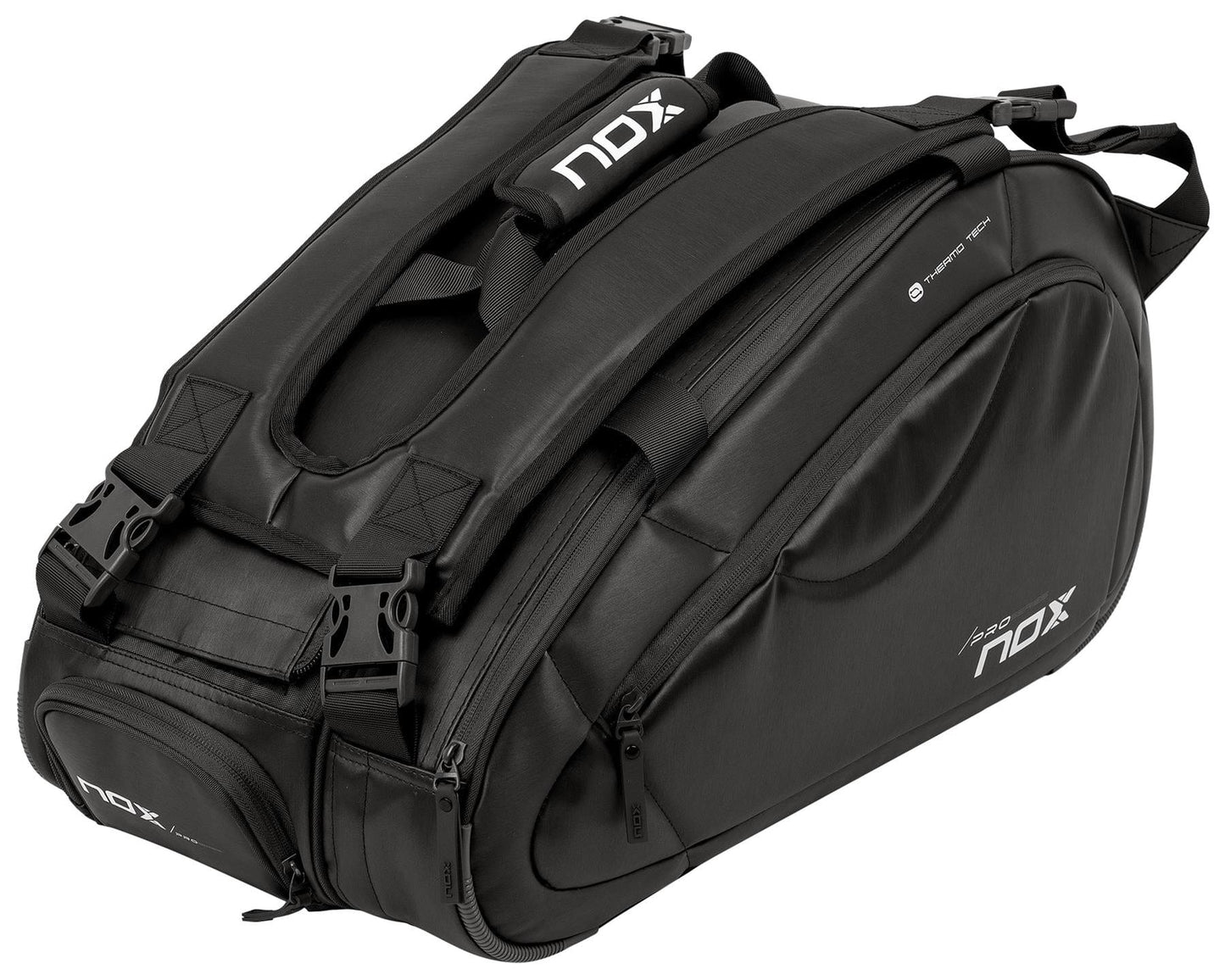 The NOX Pro Series Padel Racket Bag - Black offers large storage, multiple compartments, durable zippers, adjustable straps, and NOX ThermoTech technology—perfect for carrying your sports equipment.