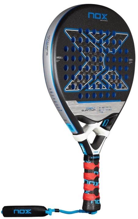 The NOX Luxury Quantum 12K Cobalt 2025 Padel Racket in black and blue features a durable 12K carbon fibre build, perforated round face, cushioned red and black grip, wrist strap, and exemplifies the prestige of NOX.