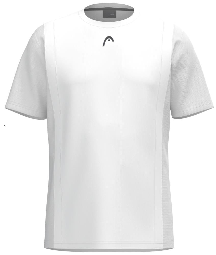The HEAD Club Tech 25 Men's Padel T-Shirt in white features a small abstract black chest logo, breathable fabric, and vertical seam details enhancing comfort. It's an ideal choice for ease of movement and style on the court.