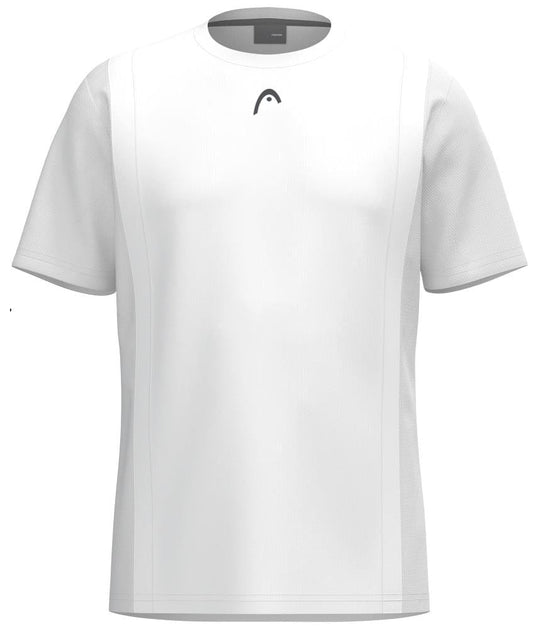 The HEAD Club Tech 25 Men's Padel T-Shirt in white features a small abstract black chest logo, breathable fabric, and vertical seam details enhancing comfort. It's an ideal choice for ease of movement and style on the court.