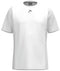 The HEAD Club Tech 25 Men's Padel T-Shirt in white features a small abstract black chest logo, breathable fabric, and vertical seam details enhancing comfort. It's an ideal choice for ease of movement and style on the court.