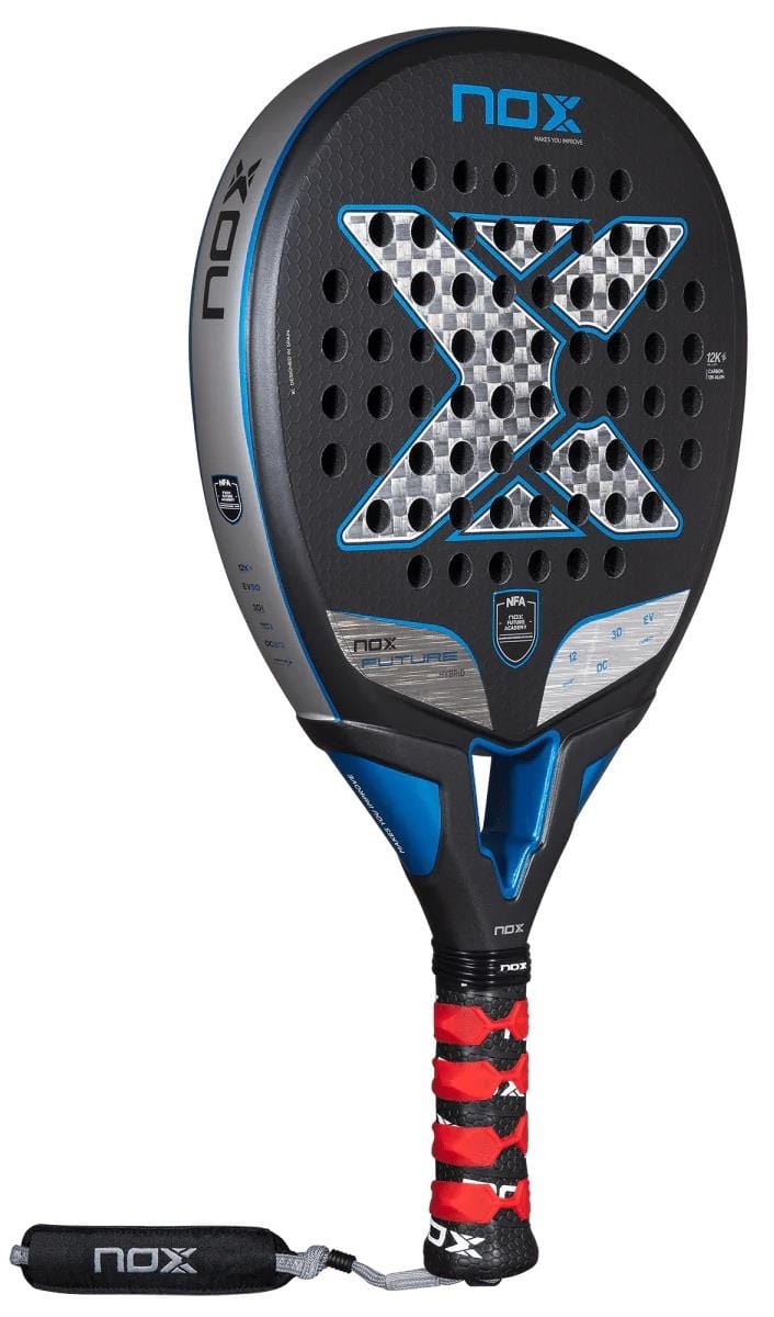 The NOX NFA Future Hybrid 12K Alum Padel Racket in black and blue features Carbon 12K technology, with a large "X" design at the center and includes a wrist strap attached to the handle.