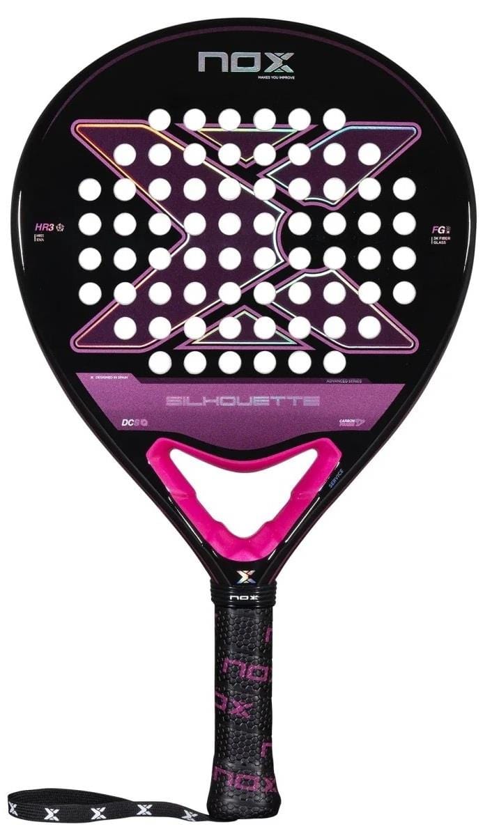 NOX X-One Silhouette Advance Series Padel Racket in black and pink features a large "X" design, white holes, black grip with pink details, Fibre Glass 3K construction, HR3 core for playability, and NOX branding.