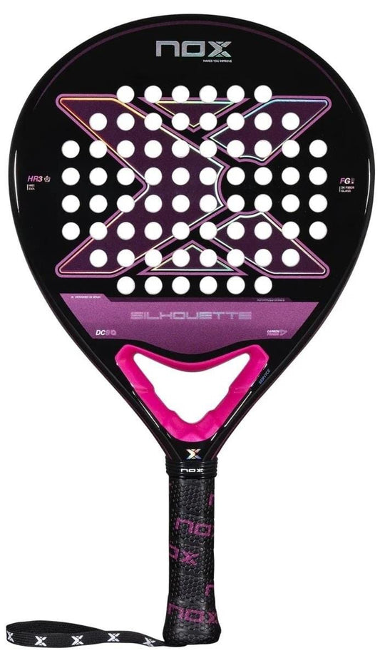 NOX X-One Silhouette Advance Series Padel Racket in black and pink features a large "X" design, white holes, black grip with pink details, Fibre Glass 3K construction, HR3 core for playability, and NOX branding.