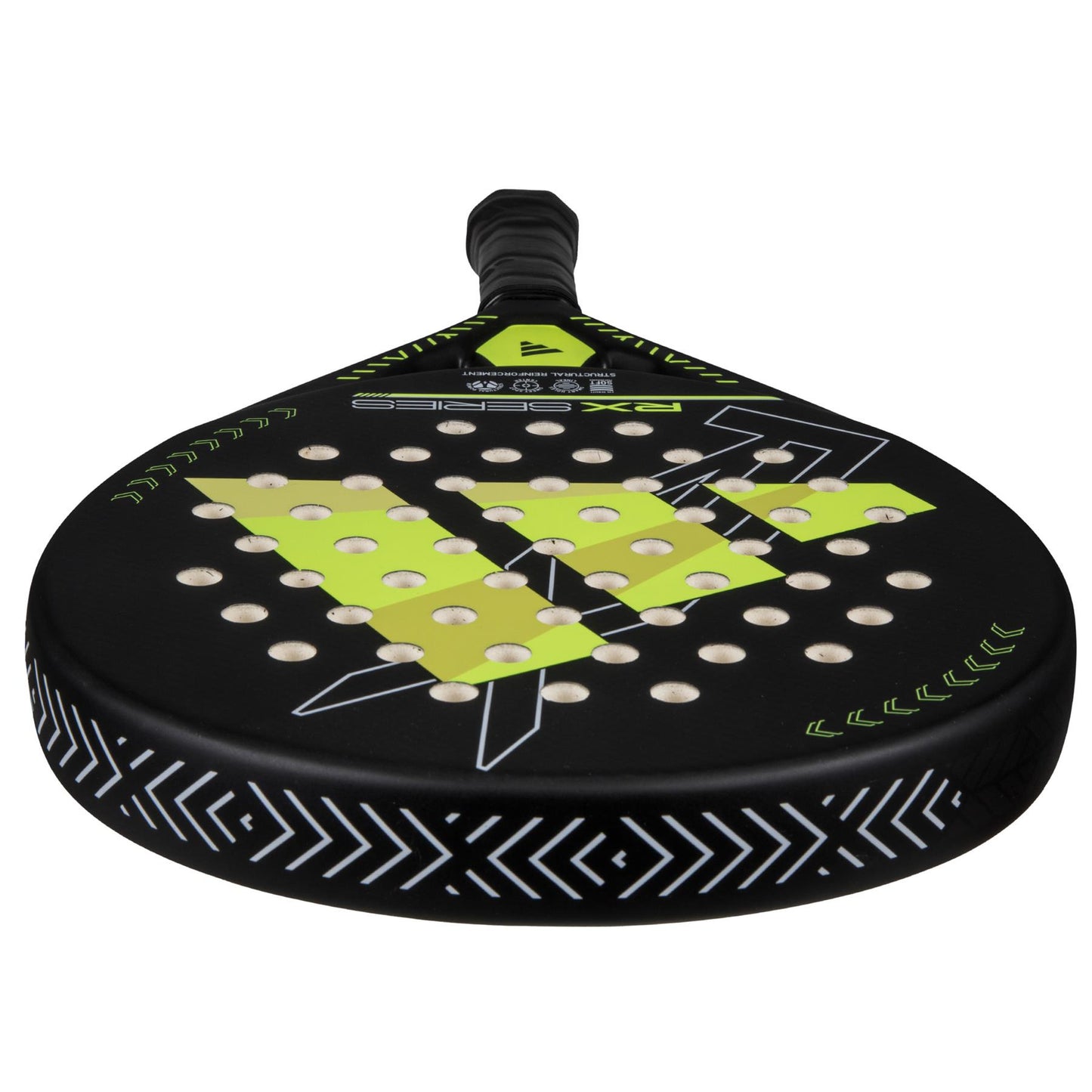 Close-up of the ADIDAS RX Series Lime 3.4 padel racket in black with neon green geometric patterns and perforations. Designed for intermediate players, it features a textured handle grip and stylish white chevron designs on the edge.