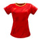 The Yonex YTL8 Women's Padel T-Shirt is a red sports jersey with short sleeves and a zigzag pattern, featuring a small two-circle-and-triangle logo on the left chest, gold-trimmed round neckline, and performance-oriented moisture-wicking polyester.