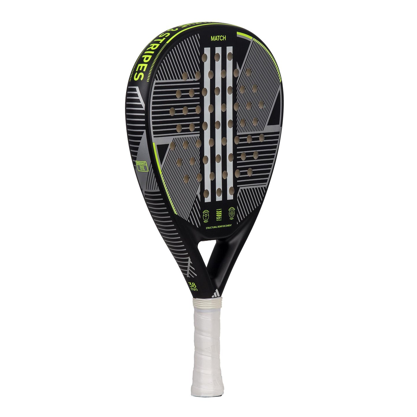The ADIDAS Match 3.3 Padel Racket by adidas features a teardrop-shaped head and multiple holes on its black and lime surface, making it ideal for beginner players. The handle is wrapped in white grip tape to ensure a comfortable hold.