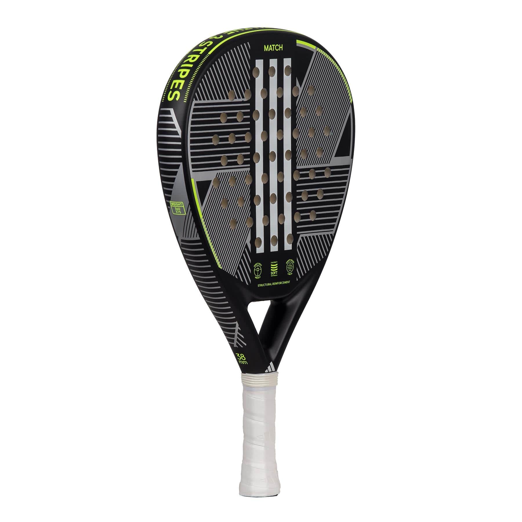 The ADIDAS Match 3.3 Padel Racket by adidas features a teardrop-shaped head and multiple holes on its black and lime surface, making it ideal for beginner players. The handle is wrapped in white grip tape to ensure a comfortable hold.
