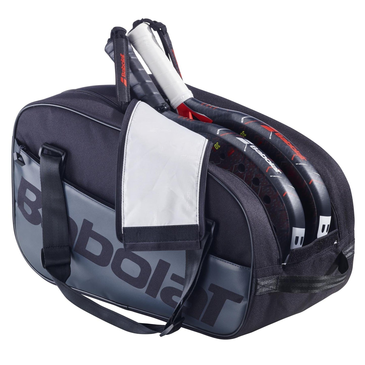 The Babolat Court S Padel Racket Bag - Black by Babolat features a black and gray design with a shoulder strap and space for your padel rackets—ideal for carrying your equipment in style.