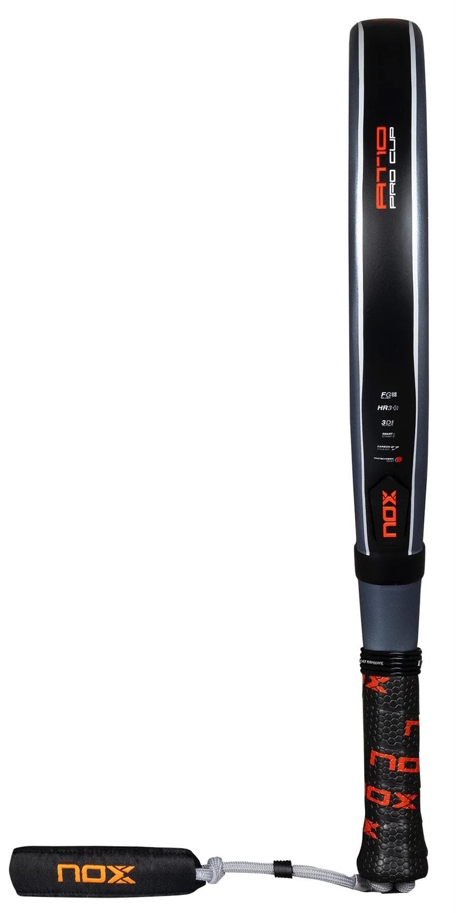The NOX AT10 Pro Cup Comfort By Agustin Tapia 2025 Padel Racket, shown vertically on a white background, features "AT10 PRO CUP" on the side, a Smartstrap® orange and black wrist strap, and a textured grip handle.