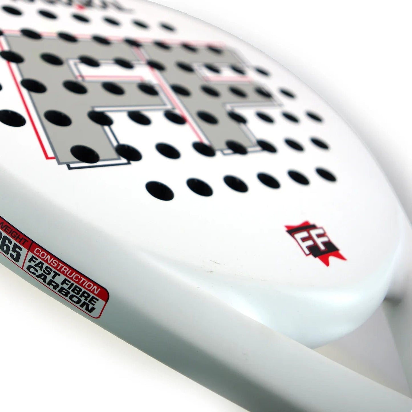 Close-up of the Karakal FF 365 Padel Racket - White, ideal for intermediate level players. It boasts a perforated surface with black dots, along with red and gray branding. The handle showcases text emphasizing "carbon" and "fiber" construction details, ensuring excellent on-court performance.