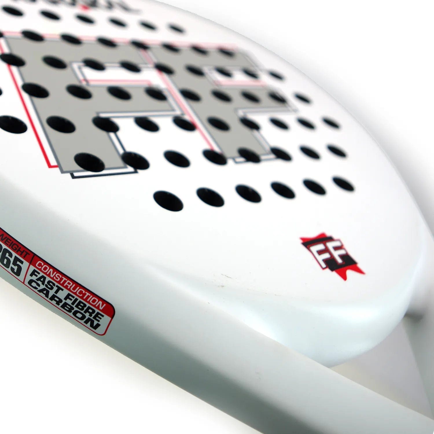 Close-up of the Karakal FF 365 Padel Racket - White, ideal for intermediate level players. It boasts a perforated surface with black dots, along with red and gray branding. The handle showcases text emphasizing "carbon" and "fiber" construction details, ensuring excellent on-court performance.