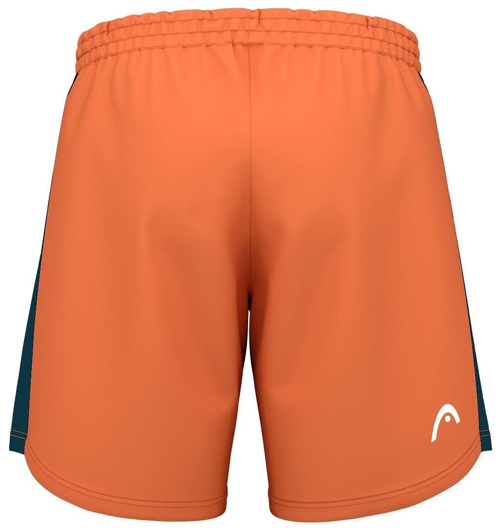 These HEAD Power Men's Padel Shorts in orange offer a 4-way stretch design and an elastic waistband for comfort. A white logo on the lower right side and dark green side panels ensure style, while Moisture Transfer Microfiber technology enhances performance.