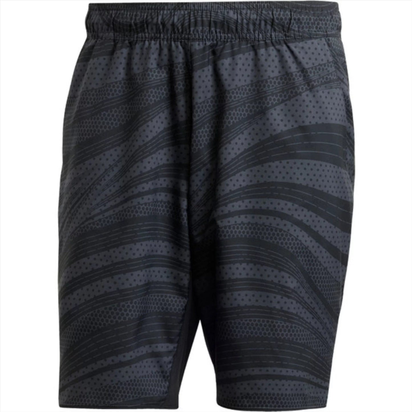 These ADIDAS Club Graphic Men's Padel Shorts are black, featuring a light gray wavy, dotted pattern on an elastic waistband. Made from recycled materials by adidas, they are lightweight and ideal for sports or casual wear.