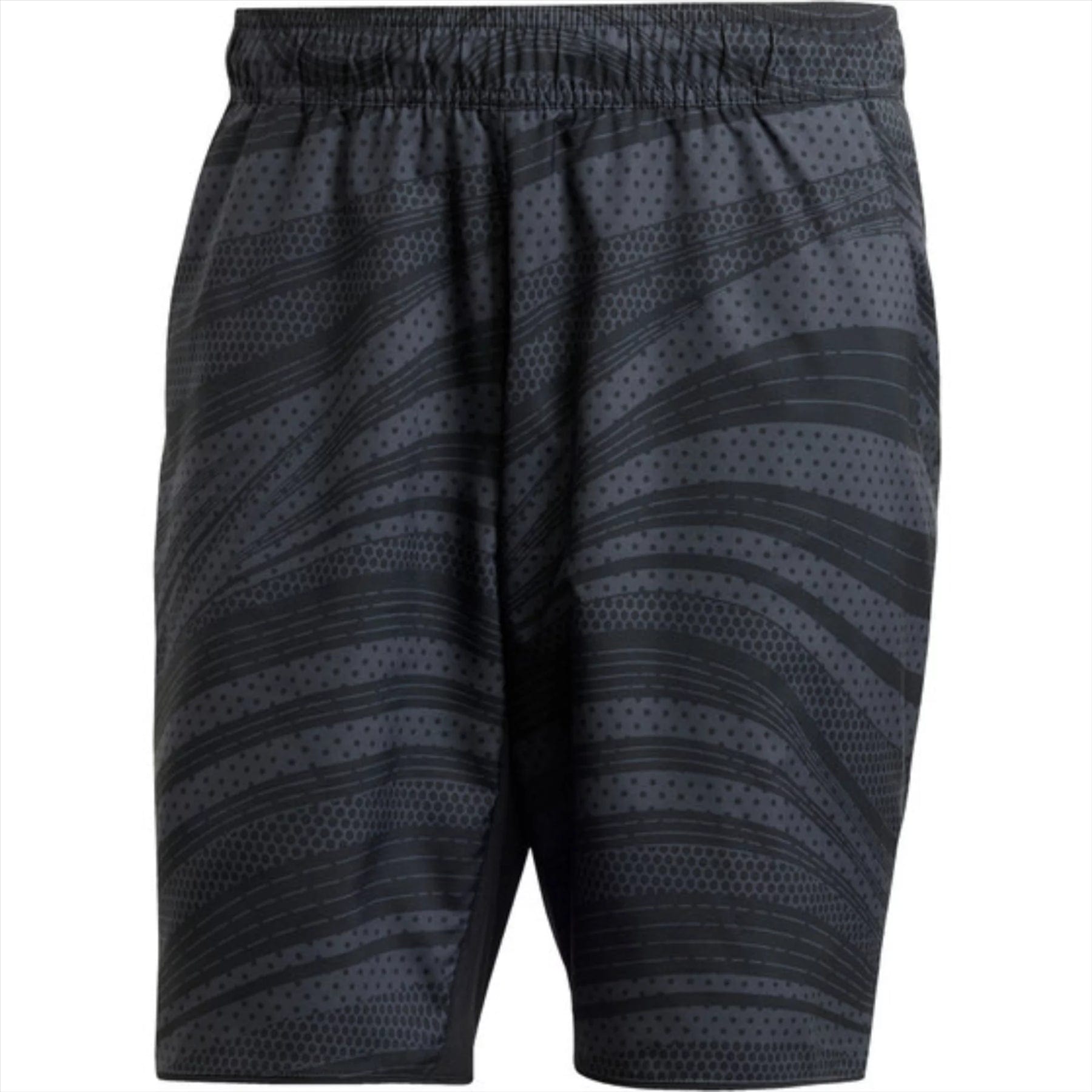 These ADIDAS Club Graphic Men's Padel Shorts are black, featuring a light gray wavy, dotted pattern on an elastic waistband. Made from recycled materials by adidas, they are lightweight and ideal for sports or casual wear.