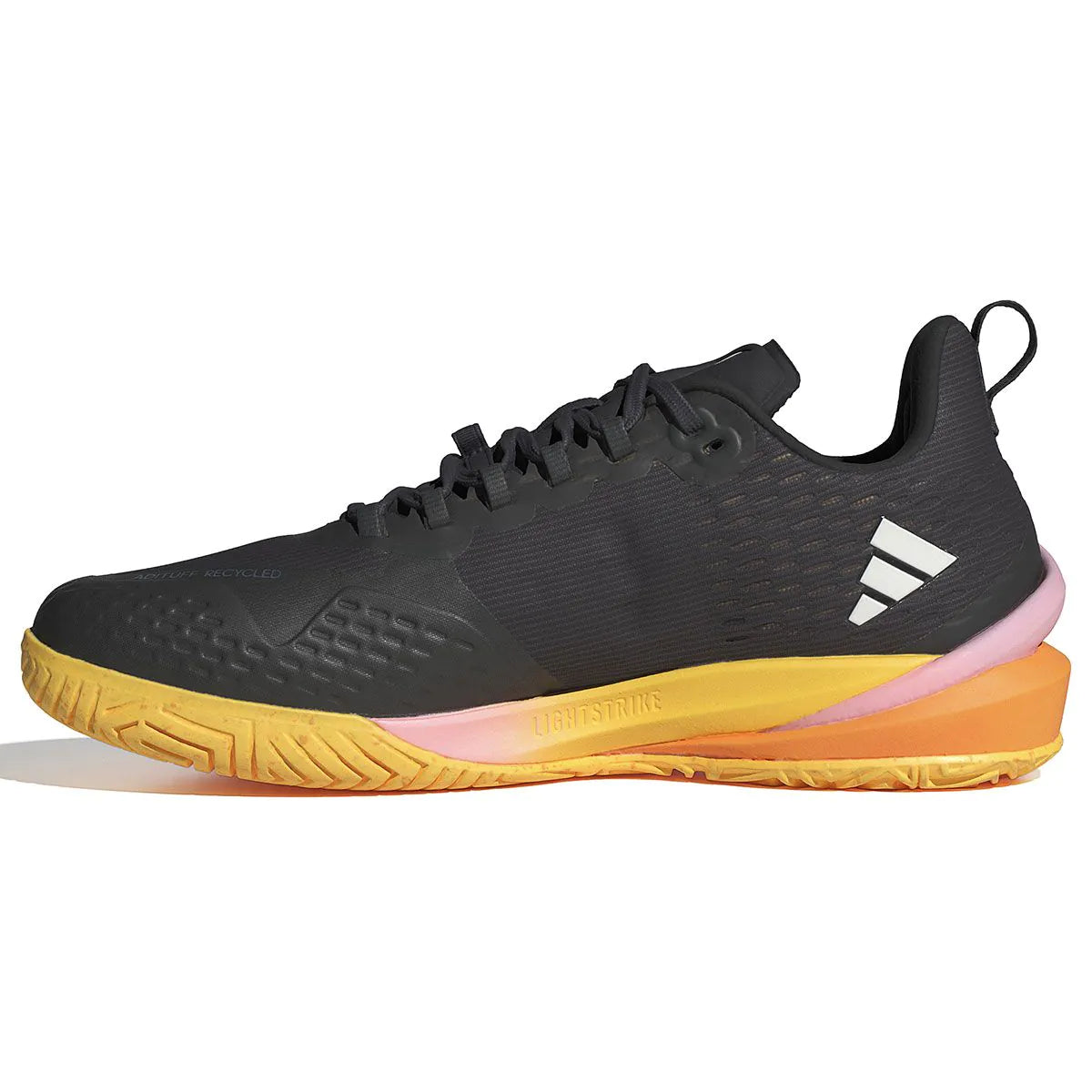Side view of an Aurora Black ADIDAS Adizero Cybersonic Men's All Court Shoe with a Zero Metallic and Spark sole, featuring pink accents. The shoe showcases a textured design, Energy Rods for enhanced performance, a lace-up front, and a striped logo on the heel.