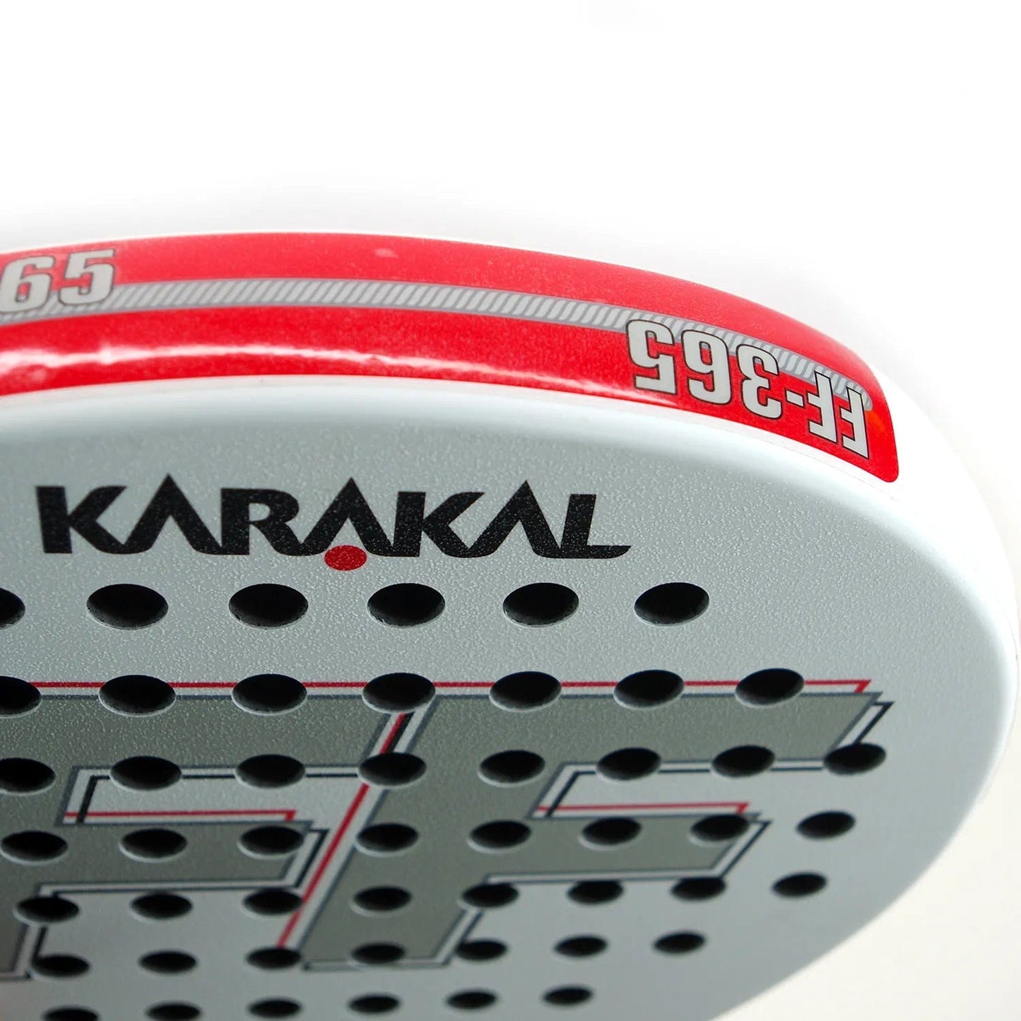 Close-up of a Karakal FF 365 Padel Racket - White, highlighting the Karakal brand logo and model name against a white surface with black and red accents. Ideal for intermediate-level players, the racket is designed with a perforated pattern.