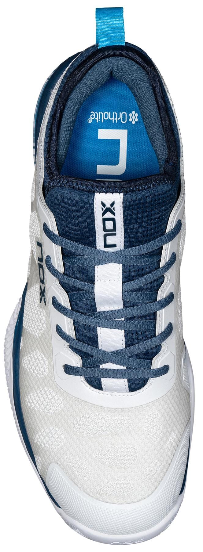 Top view of the NOX Nerbo Mens Padel Shoes - White / Swedish Blue, featuring advanced comfort technology, blue tongue, "NOX" branding, Ortholite insole, navy lace loops, and a blue heel pull tab.