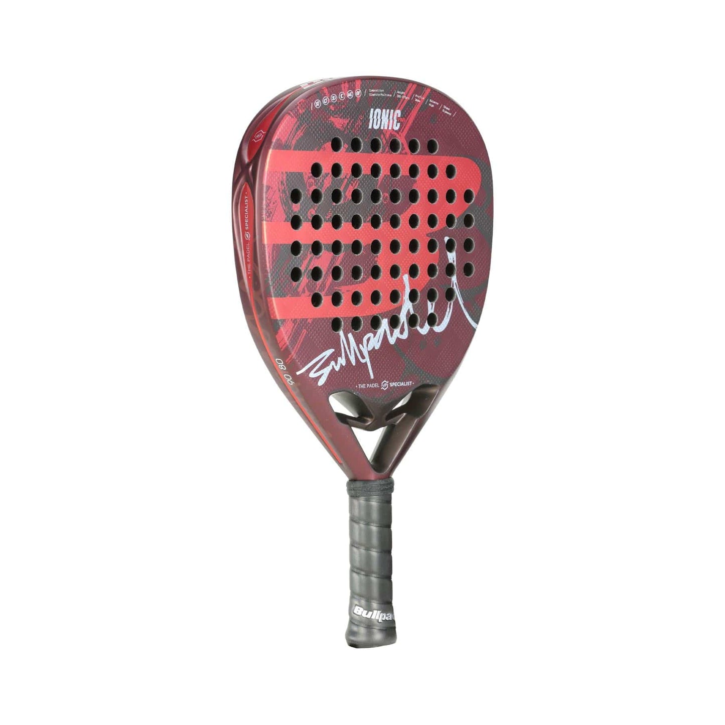 The Bullpadel Ionic Power 2024 Padel Racket in red, designed with a striking patterned face and signature detail, features a Multieva Core. Its diamond-shaped head enhances performance, while the perforated surface and black grip handle provide excellent control.
