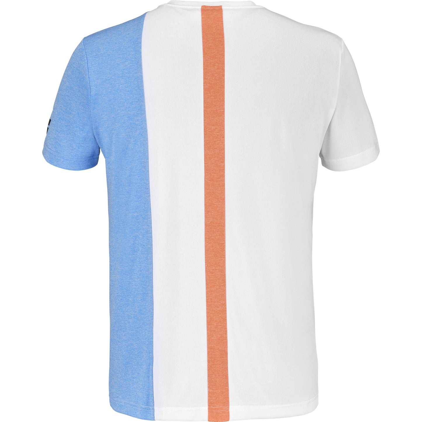 The back of the Babolat Play Crew Men's Padel T-Shirt boasts a vertical tricolor design with blue, white, and orange sections. Made from recycled polyester, Fiber Dry tech ensures the right sleeve stays white and the left blue, providing optimal comfort.
